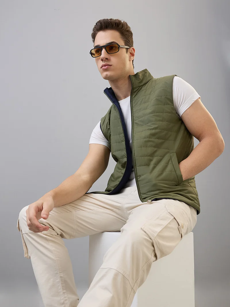 globus Globus Men Olive Mock Neck Front Zip Reversible Quilted Insulator Winter Jacket